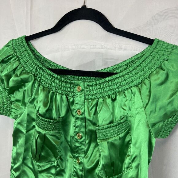 Vintage Charlotte Russe silk button down blouse y2k kelly green small stretch - Picture 2 of 8